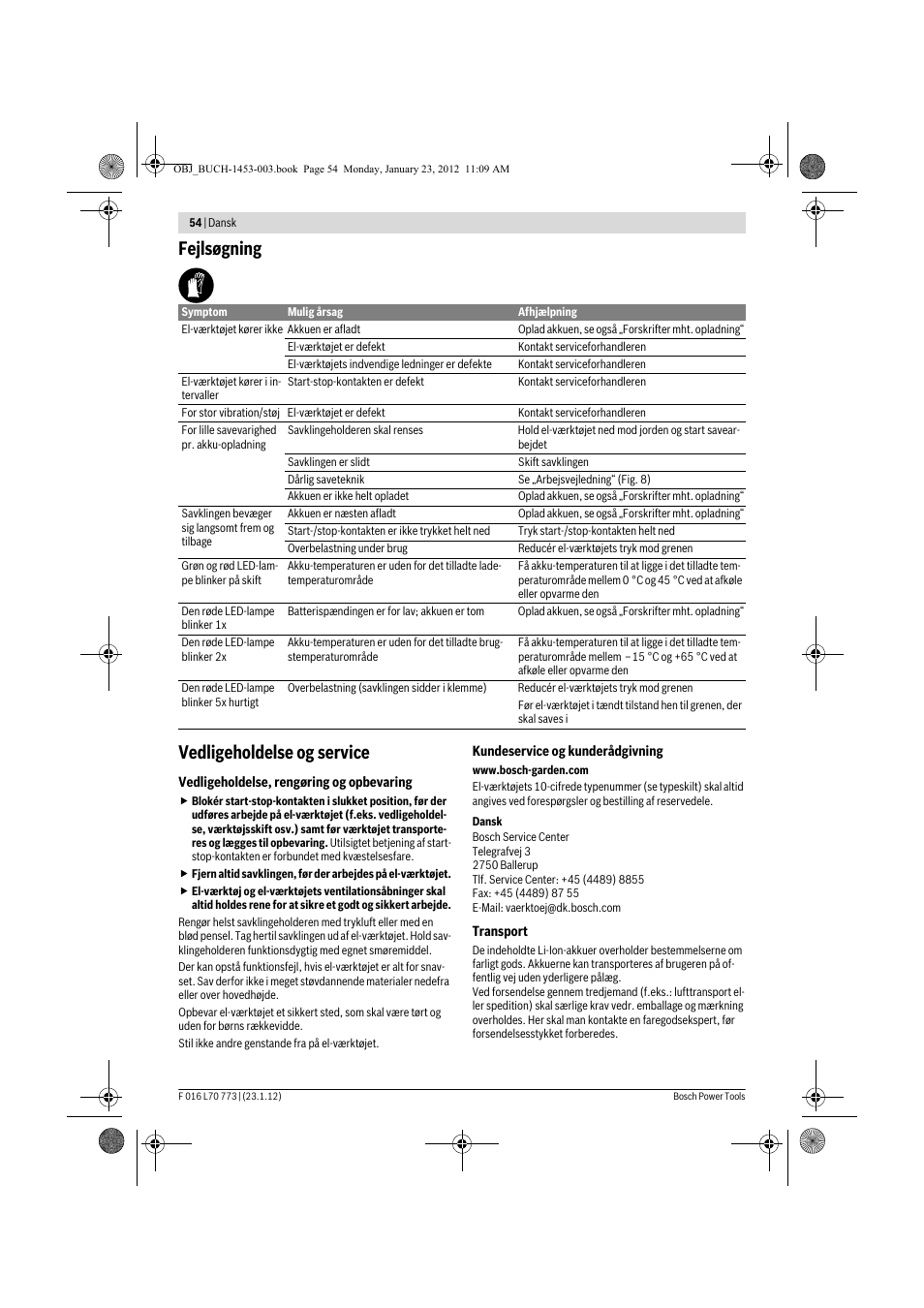 Fejlsøgning vedligeholdelse og service | Bosch Keo User Manual | Page 54 / 181