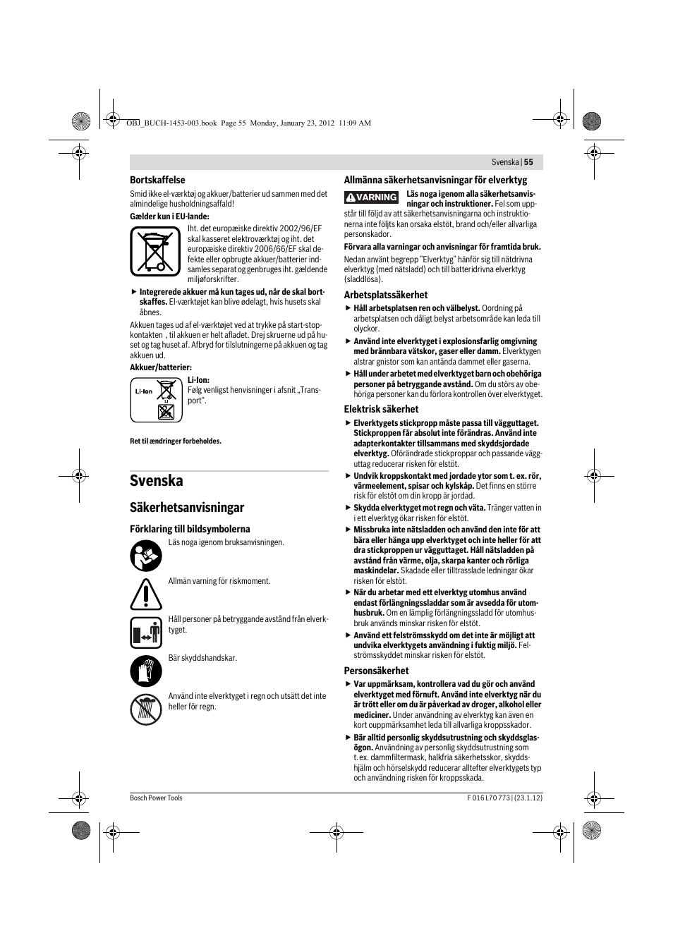 Svenska, Säkerhetsanvisningar | Bosch Keo User Manual | Page 55 / 181