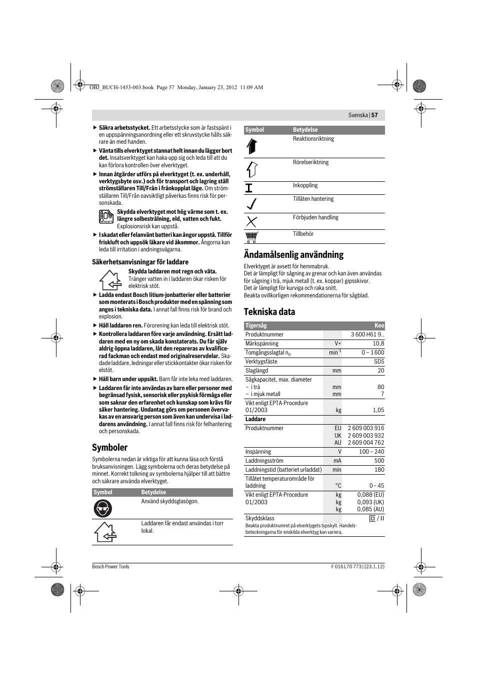 Symboler, Ändamålsenlig användning, Tekniska data | Bosch Keo User Manual | Page 57 / 181