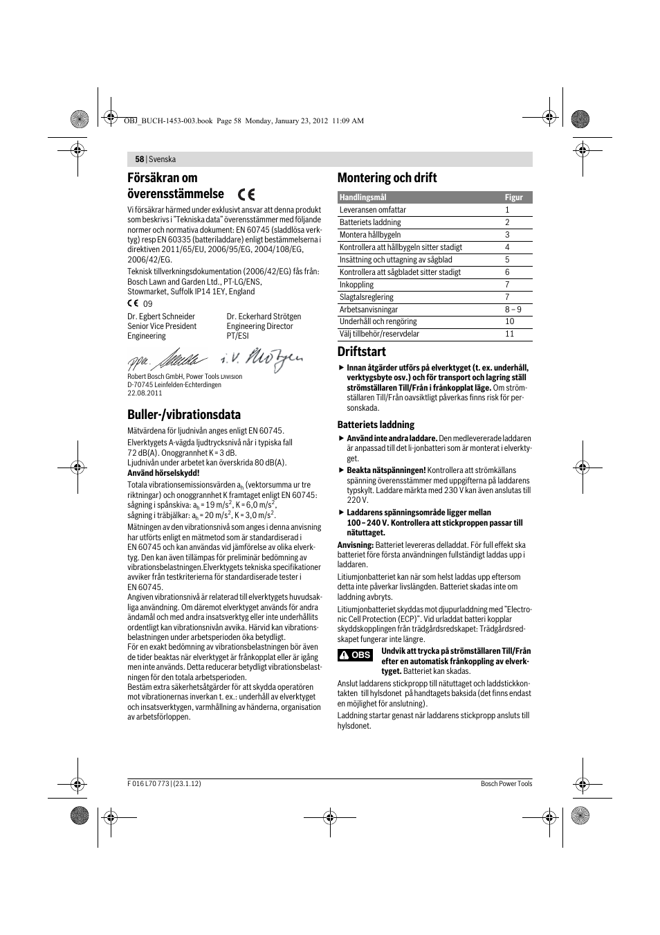 Försäkran om överensstämmelse, Buller-/vibrationsdata, Montering och drift driftstart | Bosch Keo User Manual | Page 58 / 181