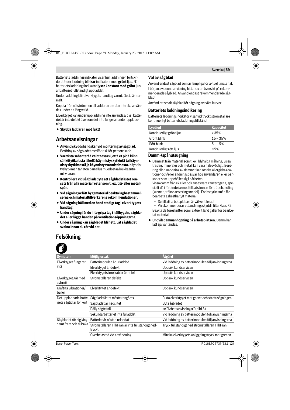 Arbetsanvisningar, Felsökning | Bosch Keo User Manual | Page 59 / 181