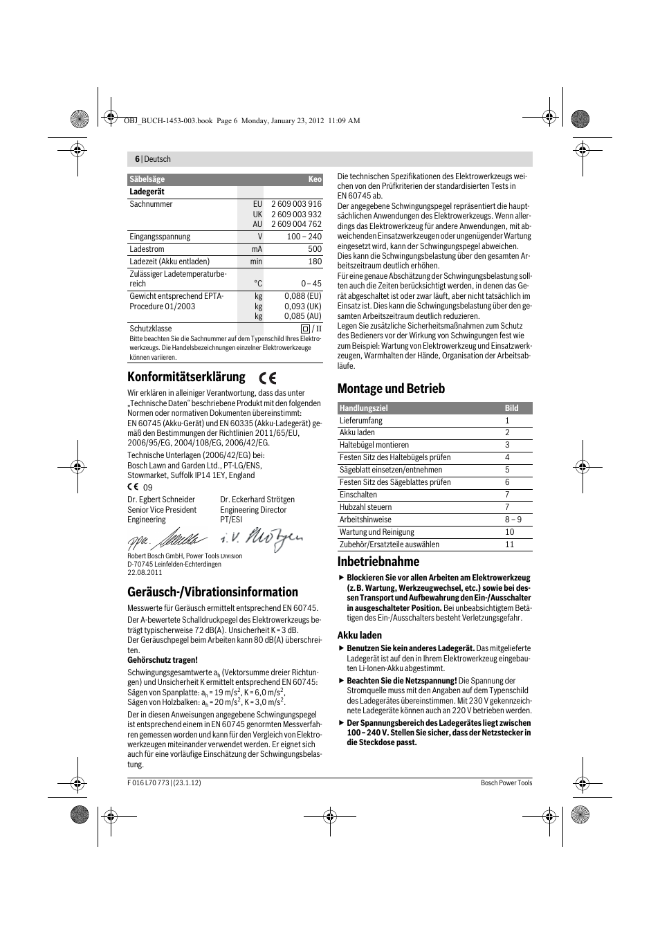 Konformitätserklärung, Geräusch-/vibrationsinformation, Montage und betrieb inbetriebnahme | Bosch Keo User Manual | Page 6 / 181