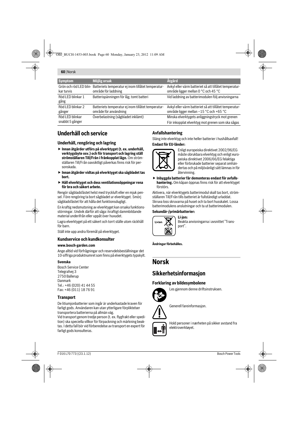 Norsk, Underhåll och service, Sikkerhetsinformasjon | Bosch Keo User Manual | Page 60 / 181