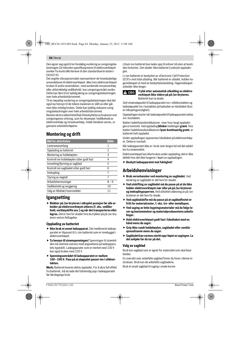 Montering og drift igangsetting, Arbeidshenvisninger | Bosch Keo User Manual | Page 64 / 181