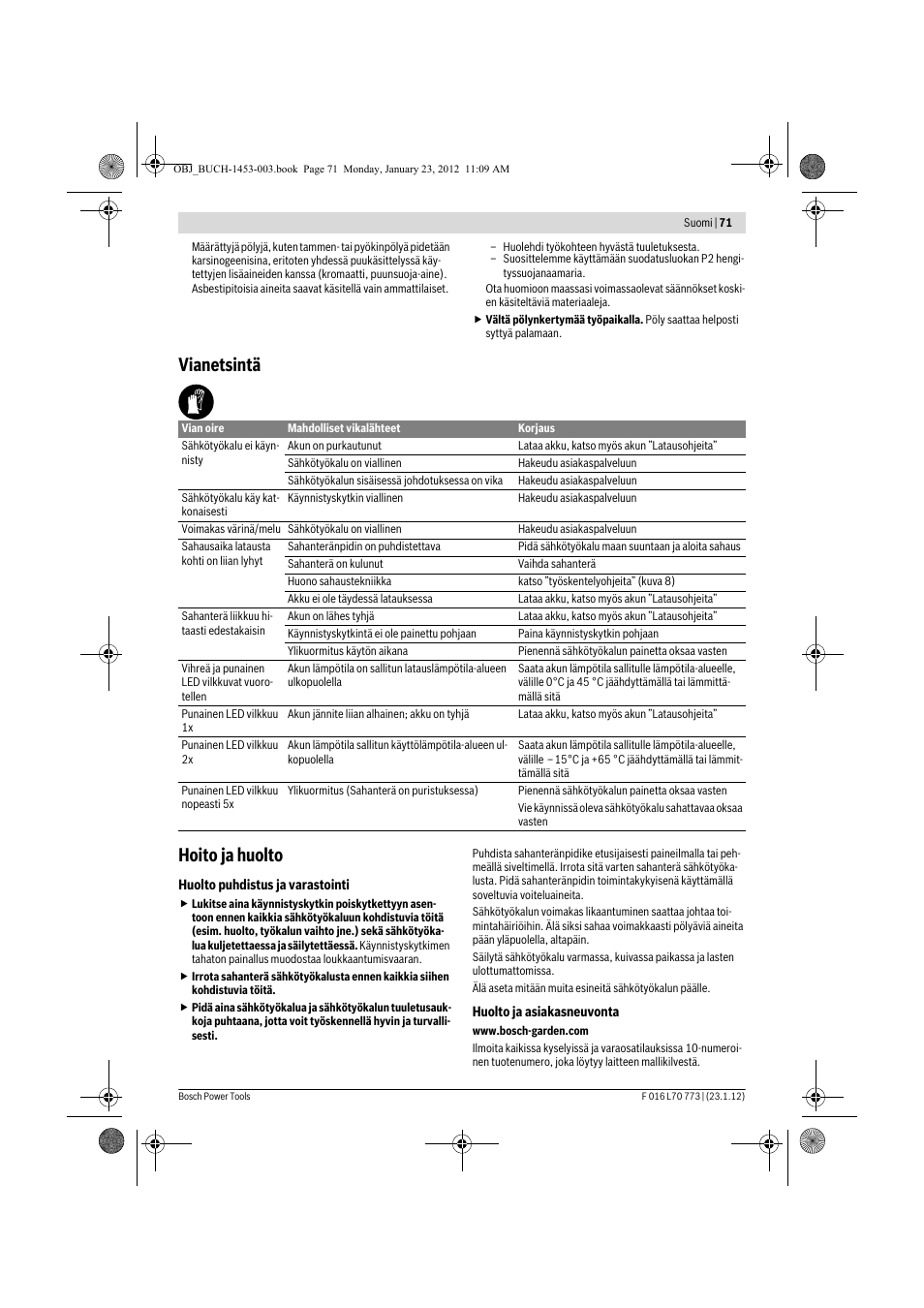 Vianetsintä hoito ja huolto | Bosch Keo User Manual | Page 71 / 181