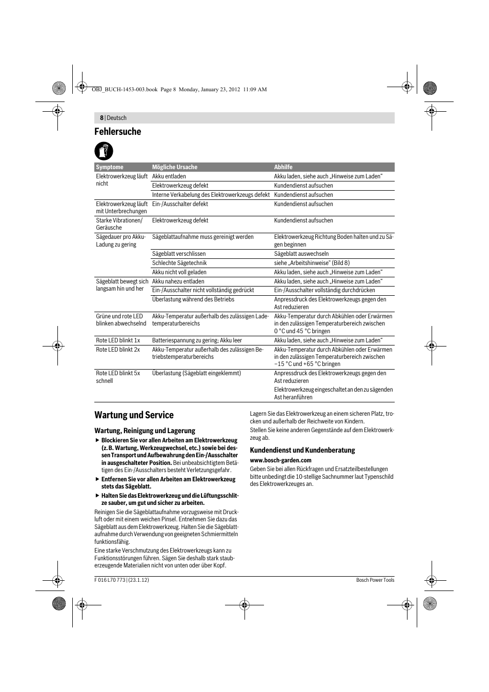 Fehlersuche wartung und service | Bosch Keo User Manual | Page 8 / 181