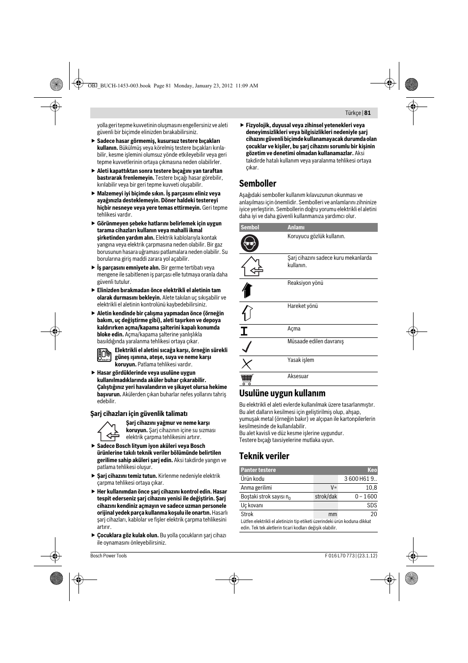 Semboller, Usulüne uygun kullan m, Teknik veriler | Bosch Keo User Manual | Page 81 / 181