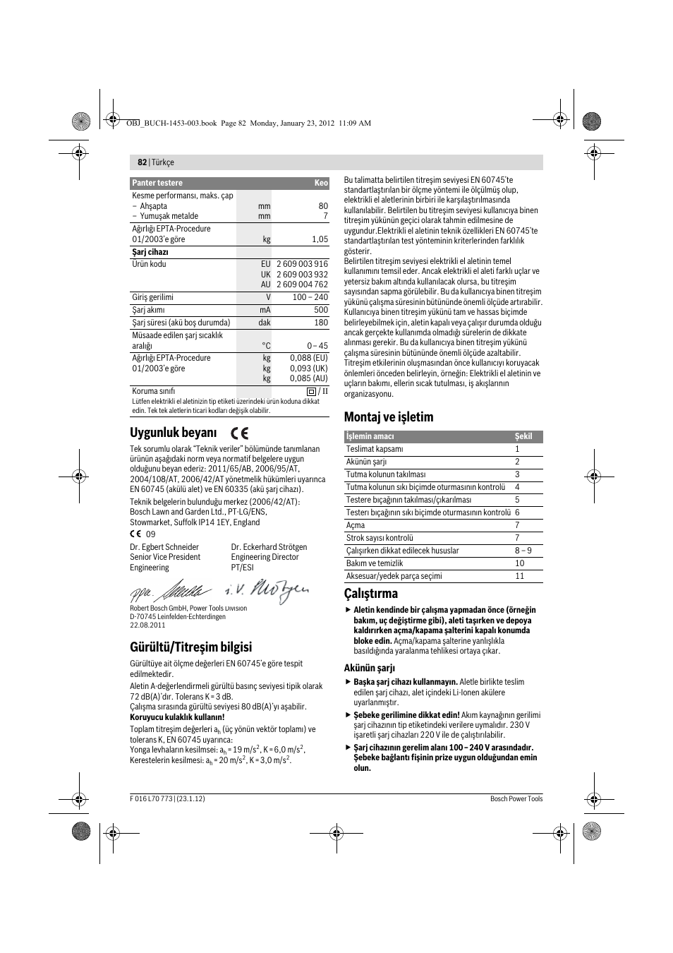 Uygunluk beyan, Gürültü/titreşim bilgisi, Montaj ve işletim çal şt rma | Bosch Keo User Manual | Page 82 / 181