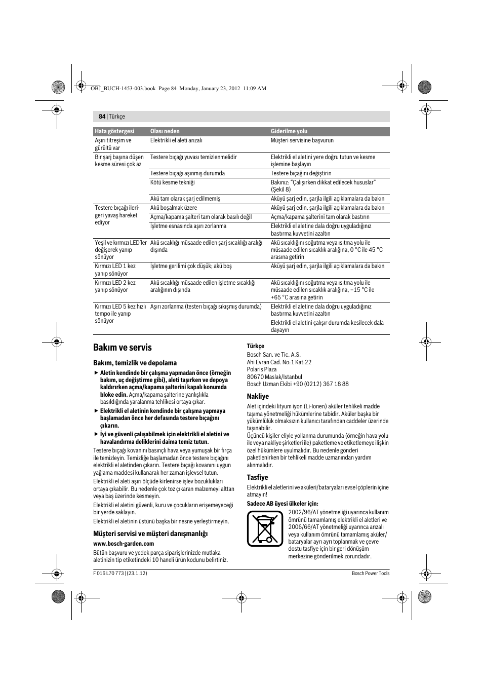 Bak m ve servis | Bosch Keo User Manual | Page 84 / 181