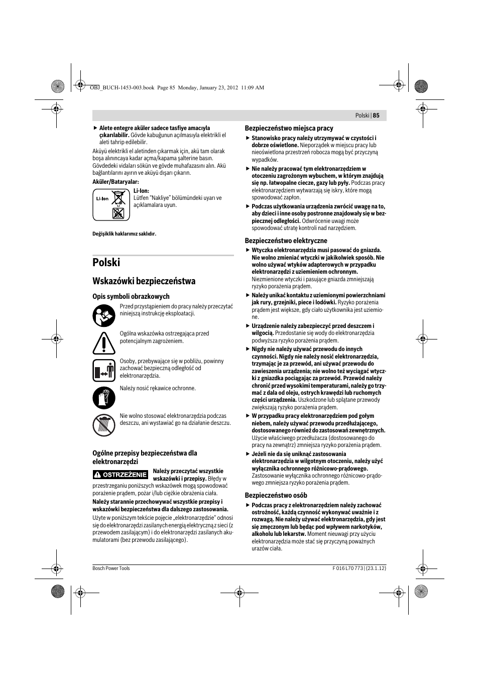 Polski, Wskazówki bezpieczeństwa | Bosch Keo User Manual | Page 85 / 181