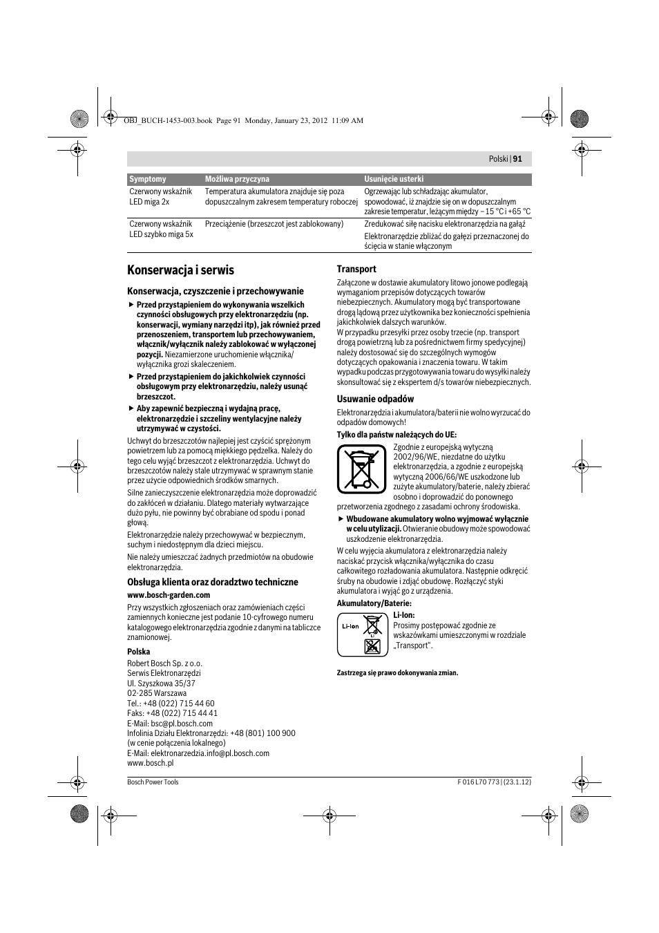 Konserwacja i serwis | Bosch Keo User Manual | Page 91 / 181