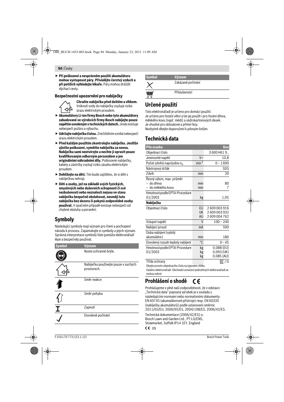 Symboly, Určené použití, Technická data prohlášení o shodě | Bosch Keo User Manual | Page 94 / 181