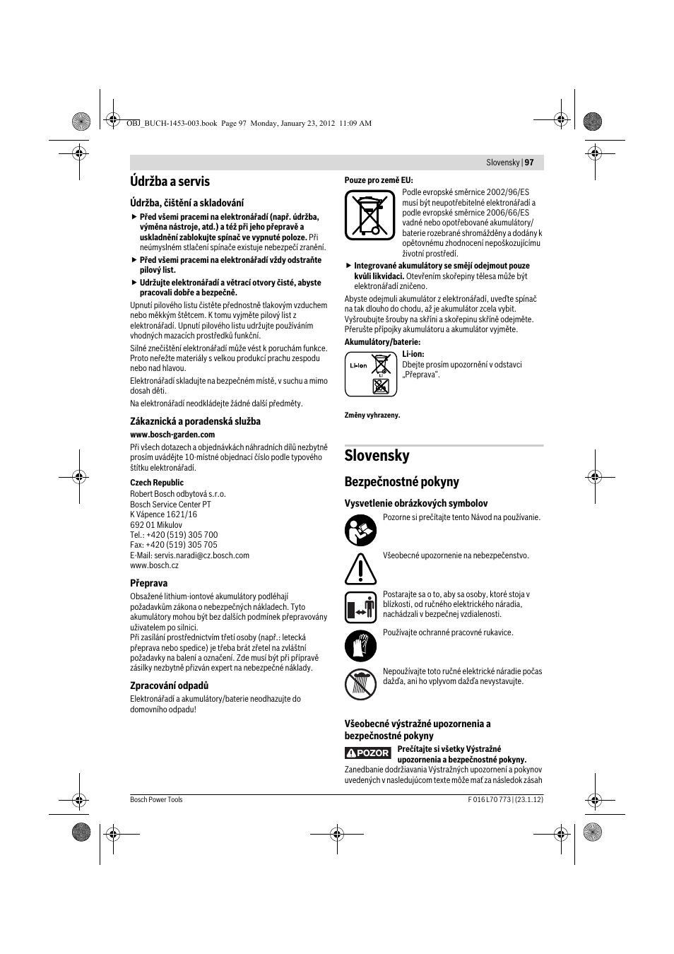 Slovensky, Údržba a servis, Bezpečnostné pokyny | Bosch Keo User Manual | Page 97 / 181