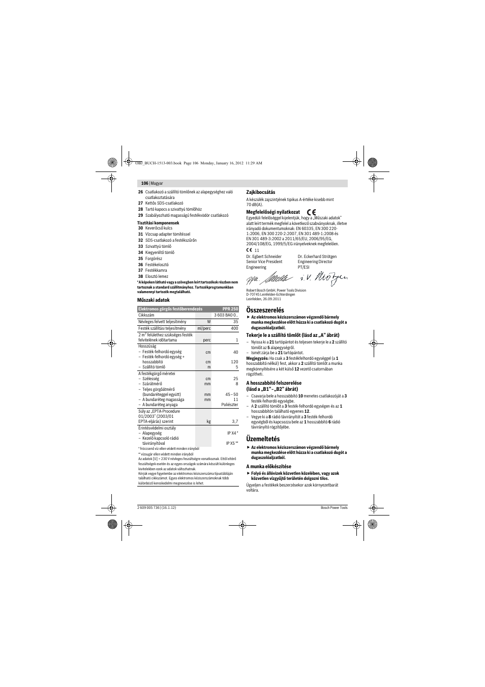 Összeszerelés, Üzemeltetés | Bosch PPR 250 User Manual | Page 106 / 171