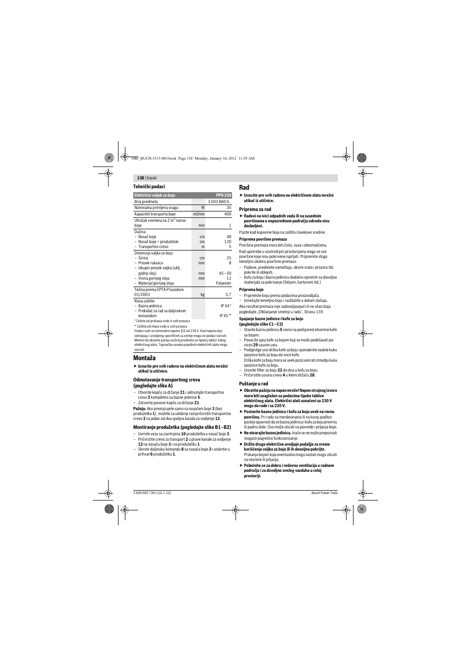 Montaža | Bosch PPR 250 User Manual | Page 138 / 171