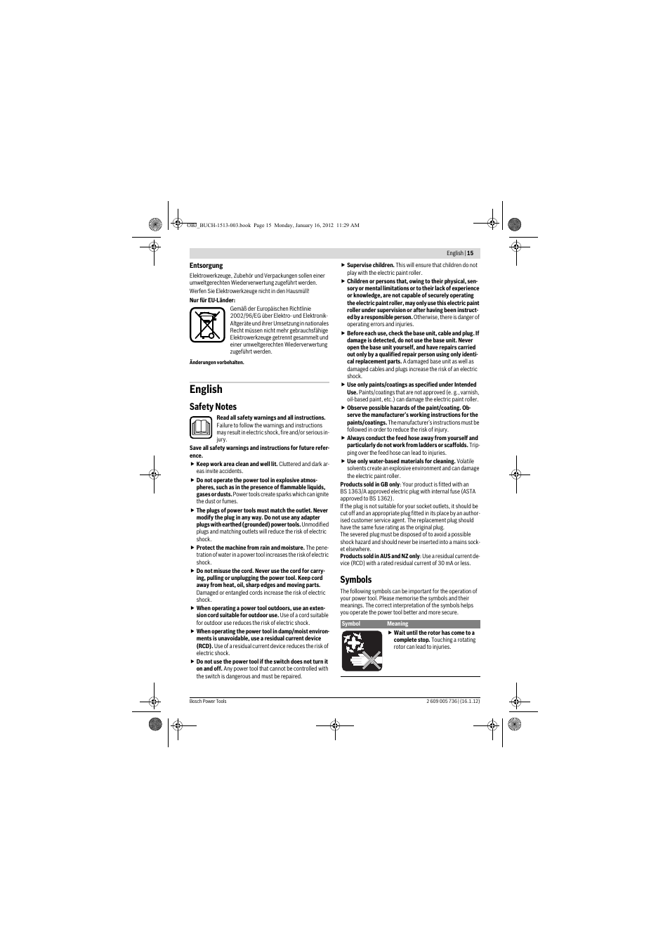 English, Symbols | Bosch PPR 250 User Manual | Page 15 / 171