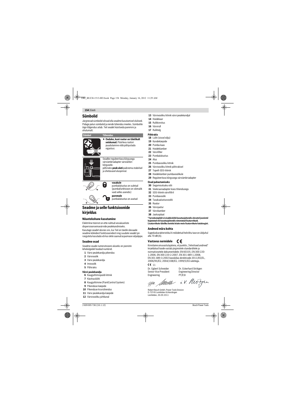 Sümbolid, Seadme ja selle funktsioonide kirjeldus | Bosch PPR 250 User Manual | Page 154 / 171