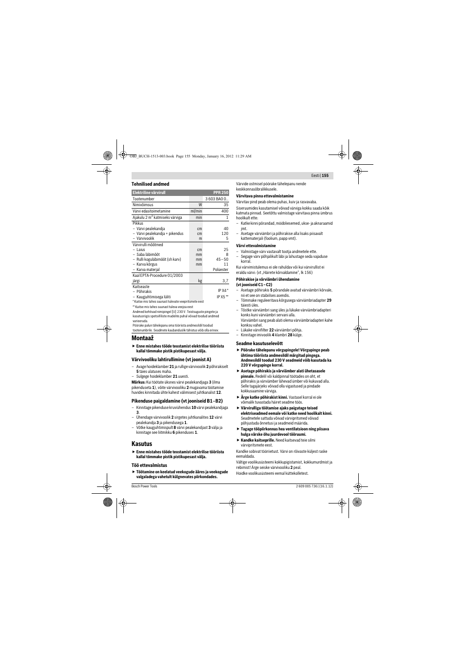 Montaaž, Kasutus | Bosch PPR 250 User Manual | Page 155 / 171