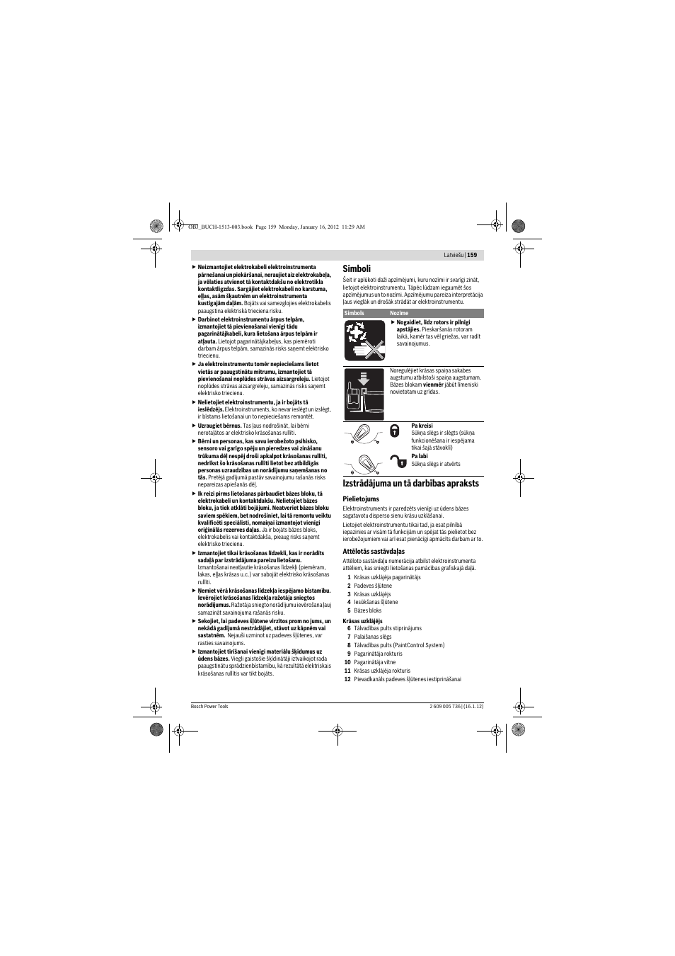 Simboli, Izstrādājuma un tā darbības apraksts | Bosch PPR 250 User Manual | Page 159 / 171