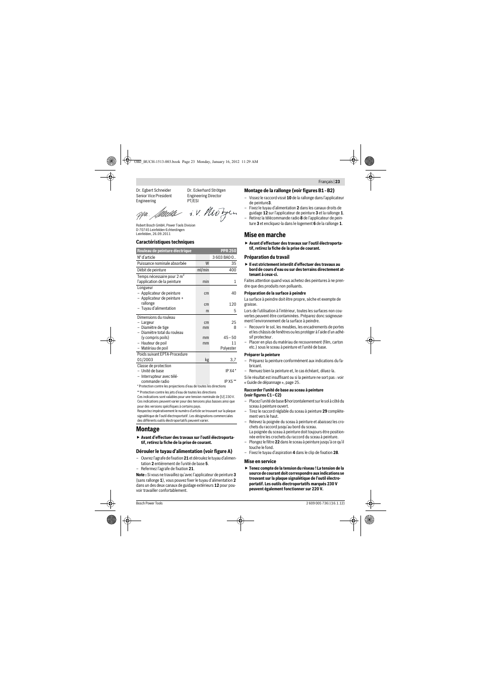 Montage, Mise en marche | Bosch PPR 250 User Manual | Page 23 / 171