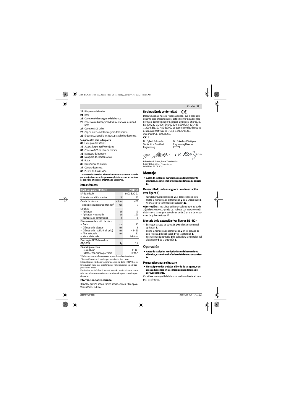 Montaje, Operación | Bosch PPR 250 User Manual | Page 29 / 171