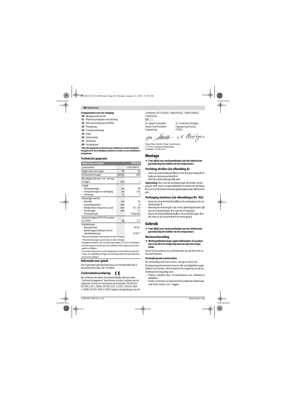 Montage, Gebruik | Bosch PPR 250 User Manual | Page 48 / 171