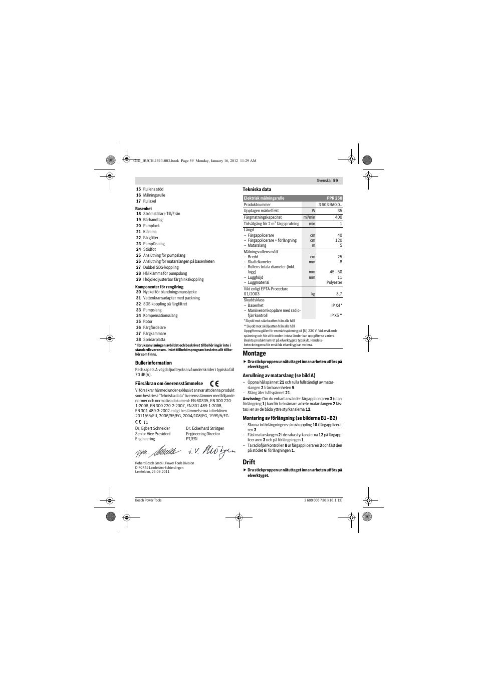 Montage, Drift | Bosch PPR 250 User Manual | Page 59 / 171