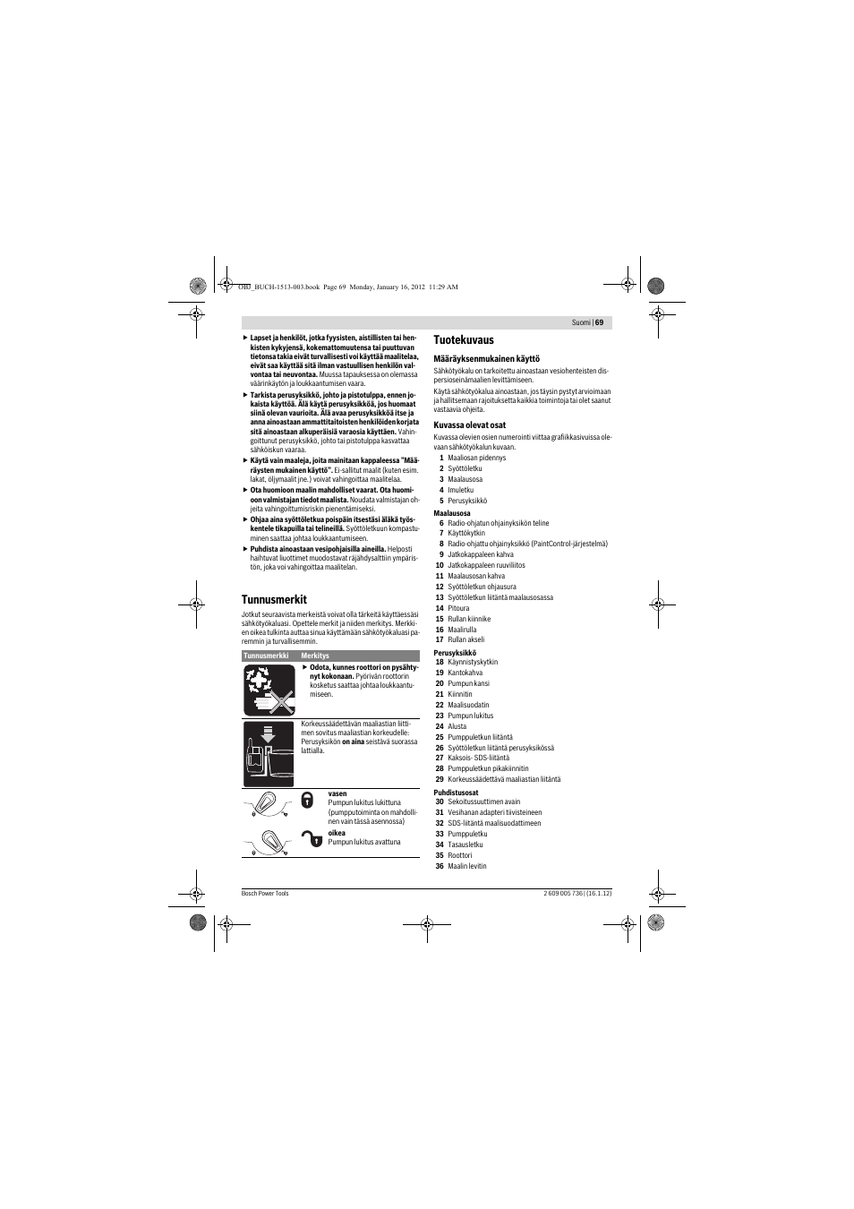 Tunnusmerkit, Tuotekuvaus | Bosch PPR 250 User Manual | Page 69 / 171