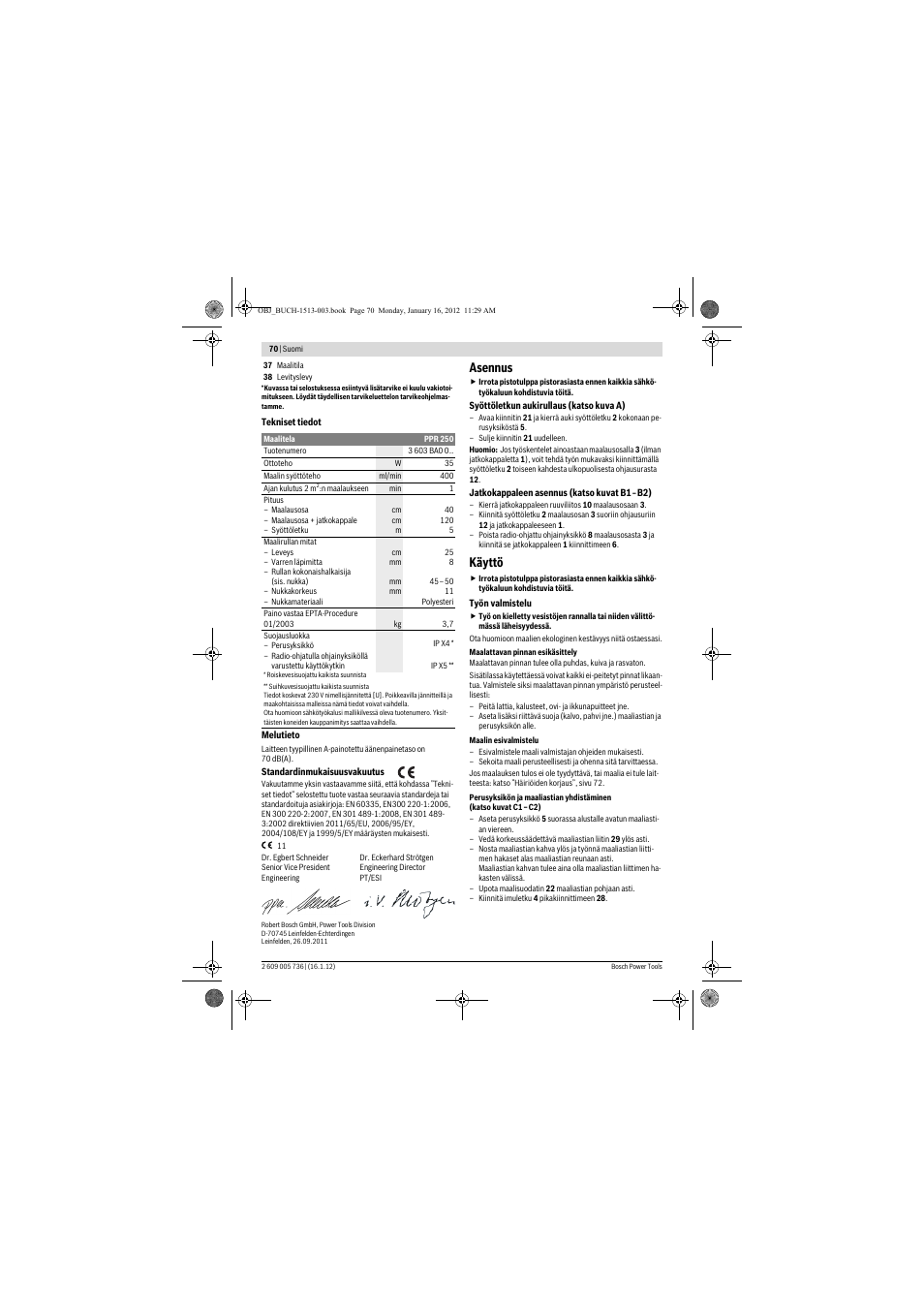 Asennus, Käyttö | Bosch PPR 250 User Manual | Page 70 / 171