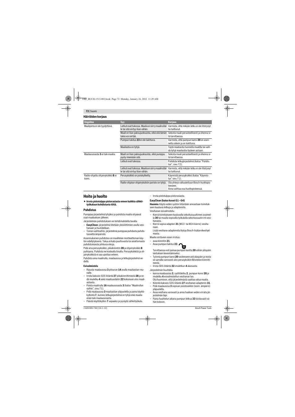 Hoito ja huolto | Bosch PPR 250 User Manual | Page 72 / 171