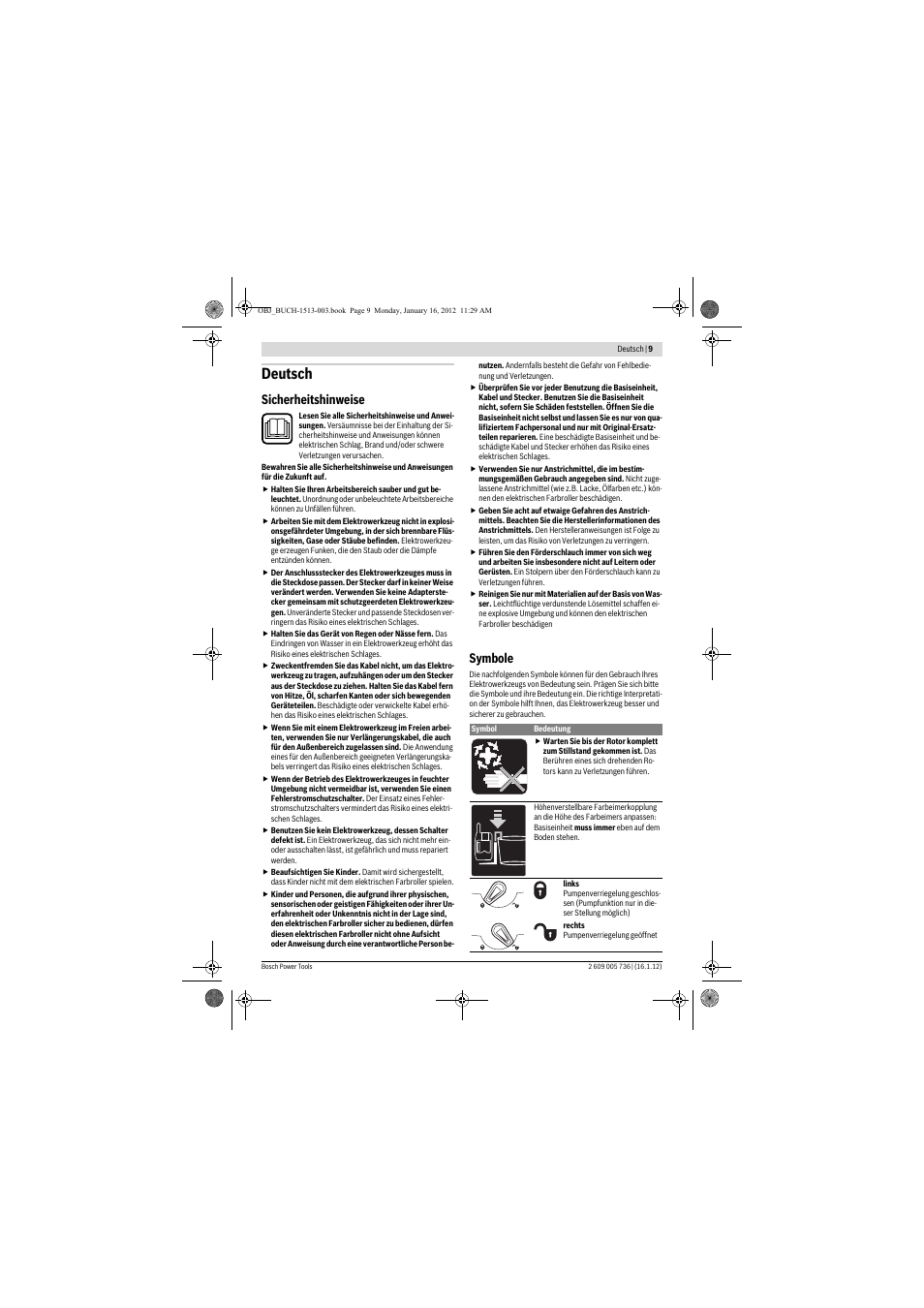 Deutsch, Sicherheitshinweise, Symbole | Bosch PPR 250 User Manual | Page 9 / 171