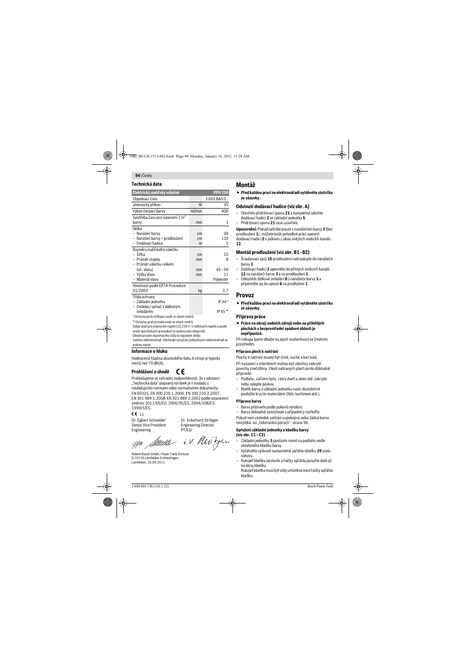 Montáž, Provoz | Bosch PPR 250 User Manual | Page 94 / 171