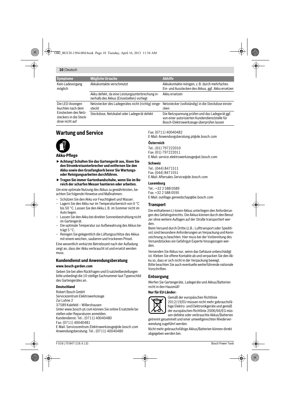 Wartung und service | Bosch Rotak 32 LI User Manual | Page 10 / 248