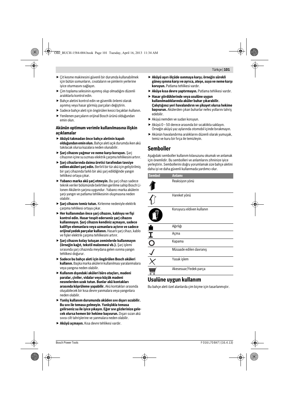 Semboller, Usulüne uygun kullanım | Bosch Rotak 32 LI User Manual | Page 101 / 248