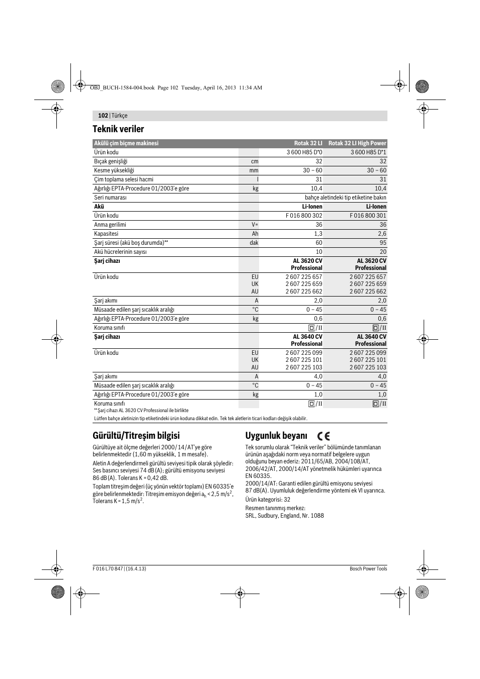 Teknik veriler gürültü/titreşim bilgisi, Uygunluk beyanı | Bosch Rotak 32 LI User Manual | Page 102 / 248
