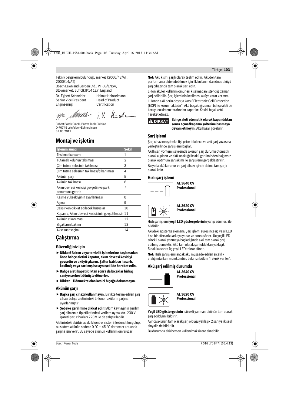 Montaj ve işletim çalıştırma | Bosch Rotak 32 LI User Manual | Page 103 / 248