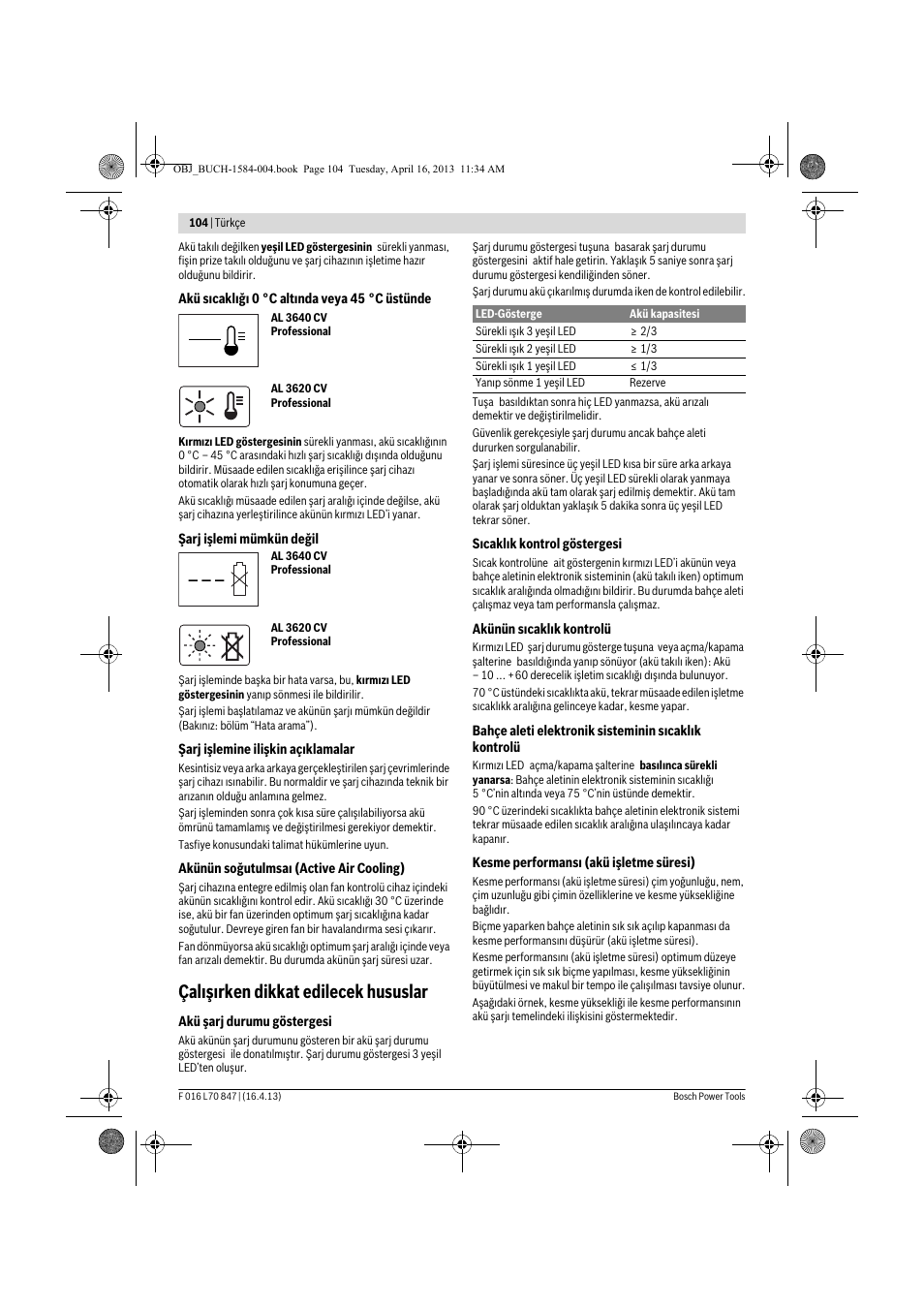 Çalışırken dikkat edilecek hususlar | Bosch Rotak 32 LI User Manual | Page 104 / 248