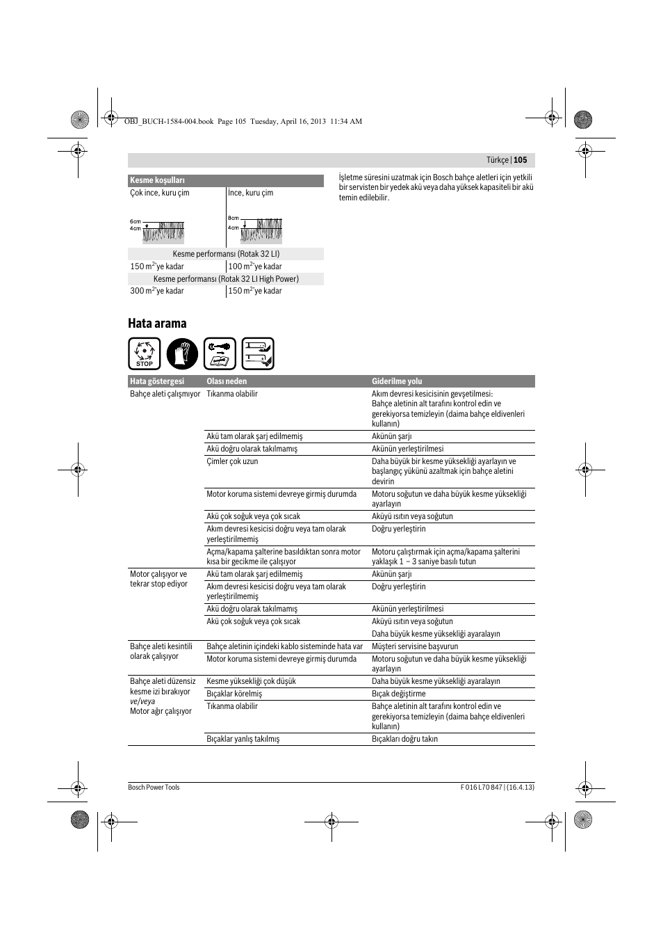 Hata arama | Bosch Rotak 32 LI User Manual | Page 105 / 248