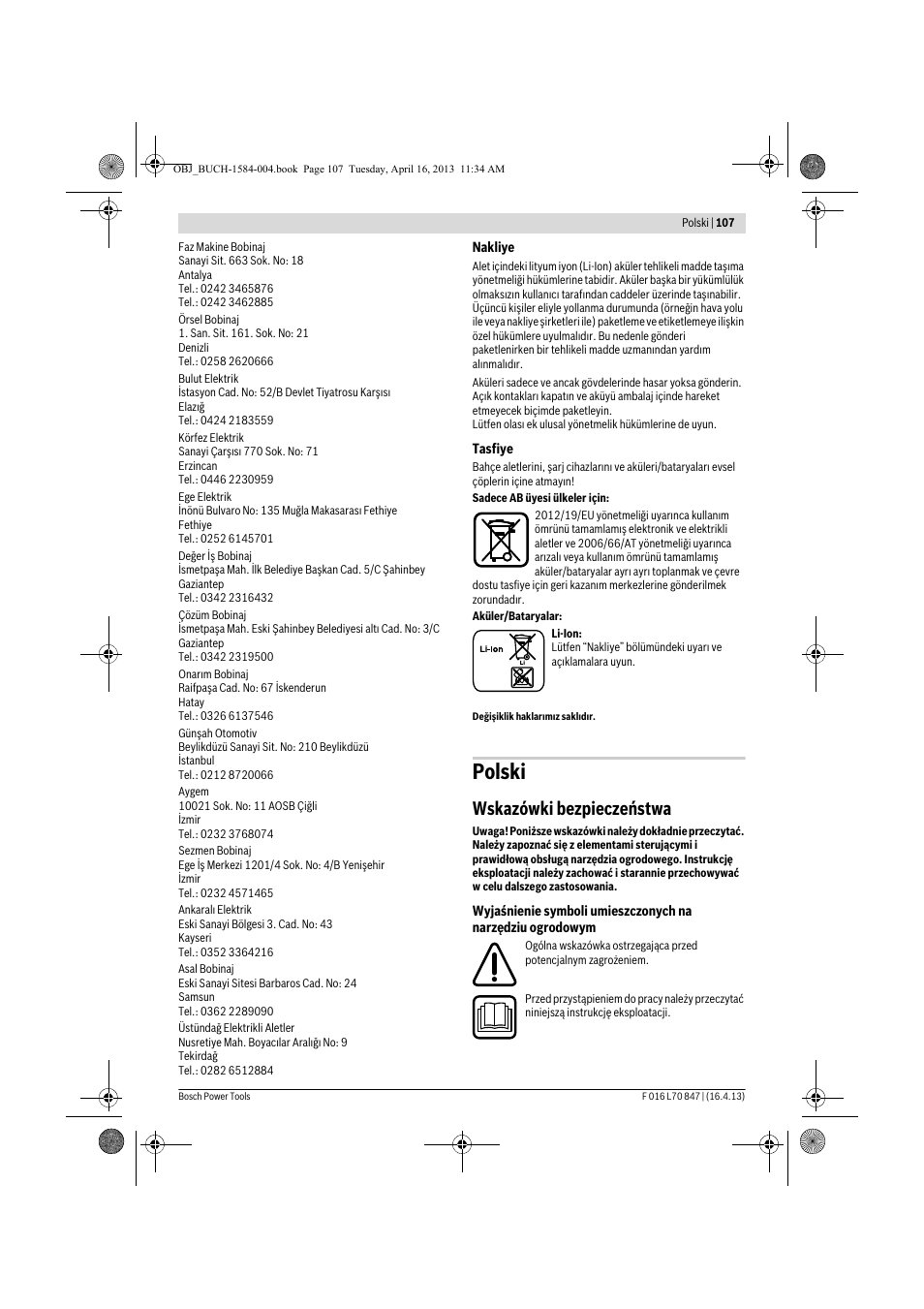 Polski, Wskazówki bezpieczeństwa | Bosch Rotak 32 LI User Manual | Page 107 / 248