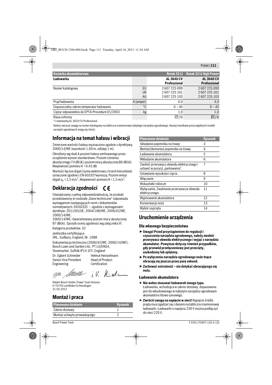 Informacja na temat hałasu i wibracji, Deklaracja zgodności, Montaż i praca uruchomienie urządzenia | Bosch Rotak 32 LI User Manual | Page 111 / 248