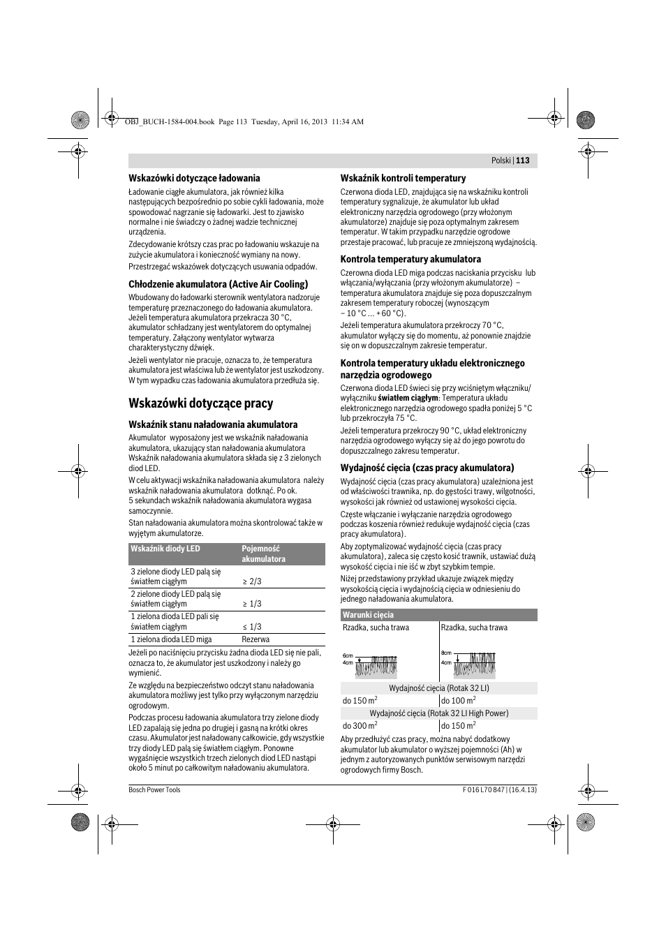 Wskazówki dotyczące pracy | Bosch Rotak 32 LI User Manual | Page 113 / 248