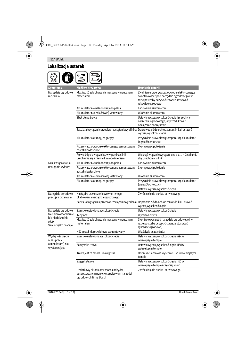 Lokalizacja usterek | Bosch Rotak 32 LI User Manual | Page 114 / 248