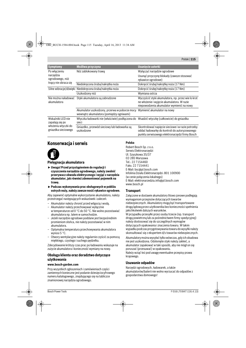 Konserwacja i serwis | Bosch Rotak 32 LI User Manual | Page 115 / 248