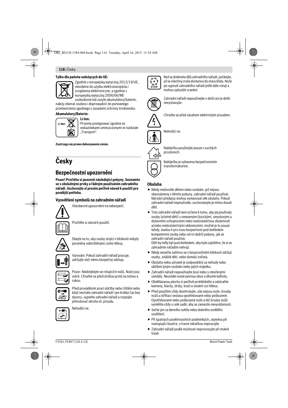 Česky, Bezpečnostní upozornění | Bosch Rotak 32 LI User Manual | Page 116 / 248