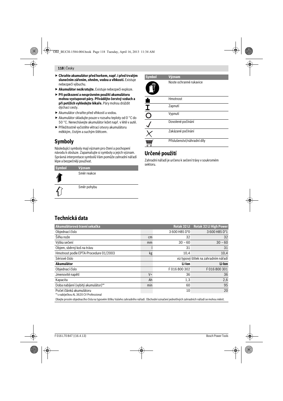 Symboly, Určené použití, Technická data | Bosch Rotak 32 LI User Manual | Page 118 / 248