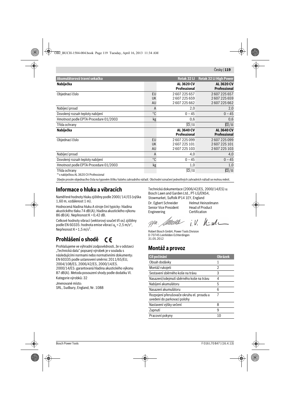 Informace o hluku a vibracích, Prohlášení o shodě, Montáž a provoz | Bosch Rotak 32 LI User Manual | Page 119 / 248