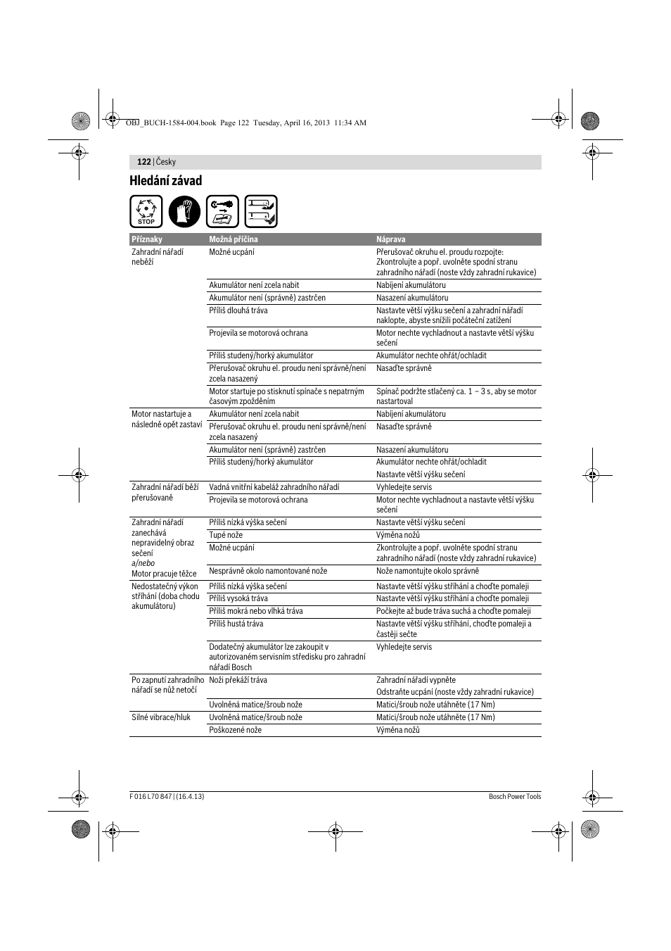 Hledání závad | Bosch Rotak 32 LI User Manual | Page 122 / 248