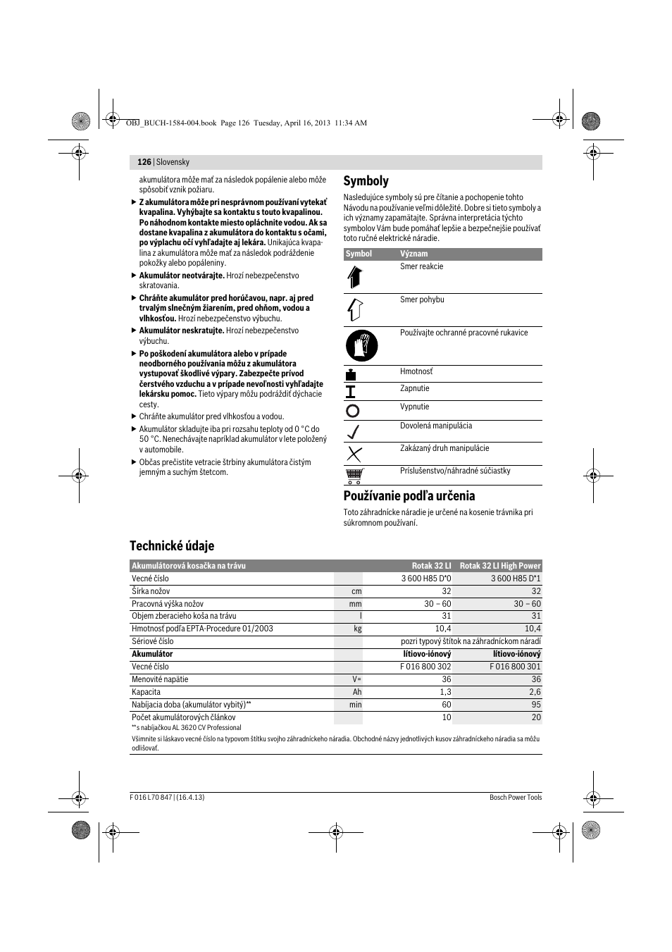 Symboly, Používanie podľa určenia, Technické údaje | Bosch Rotak 32 LI User Manual | Page 126 / 248