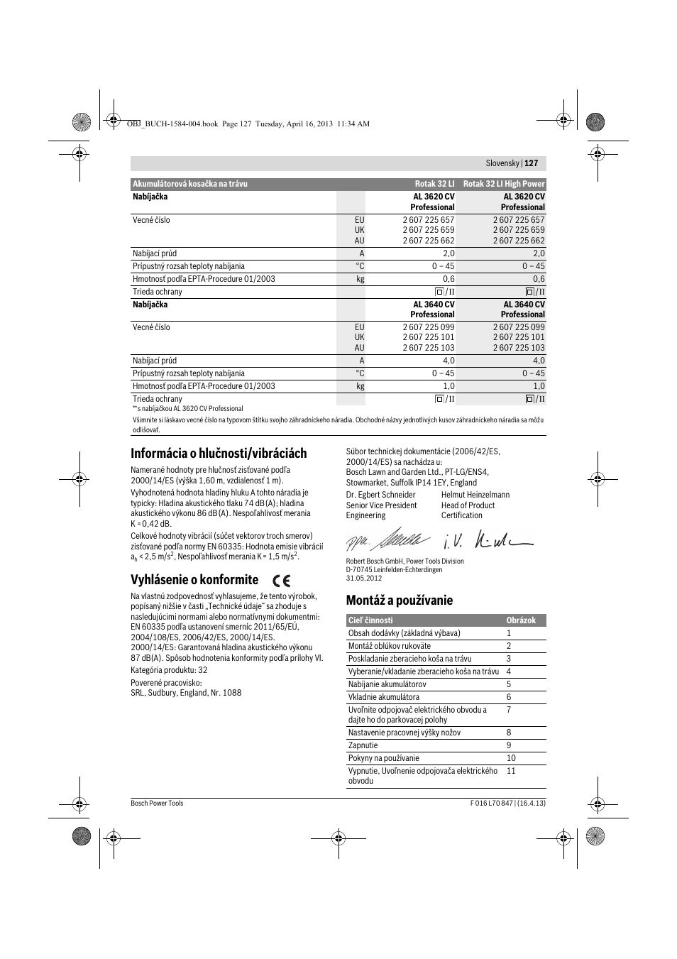 Informácia o hlučnosti/vibráciách, Vyhlásenie o konformite, Montáž a používanie | Bosch Rotak 32 LI User Manual | Page 127 / 248