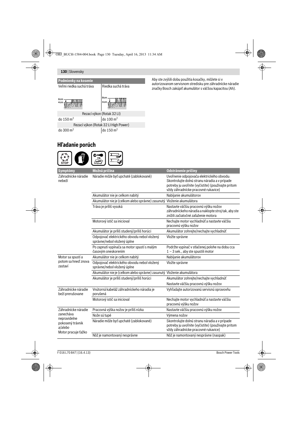 Hľadanie porúch | Bosch Rotak 32 LI User Manual | Page 130 / 248